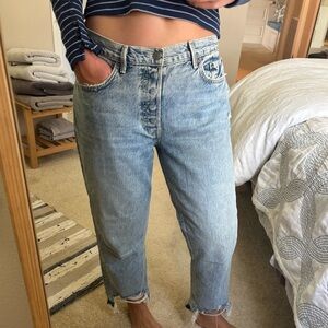 GRLFRND Helena High Rise Chew Hem Straight Leg Jeans in Light Blue